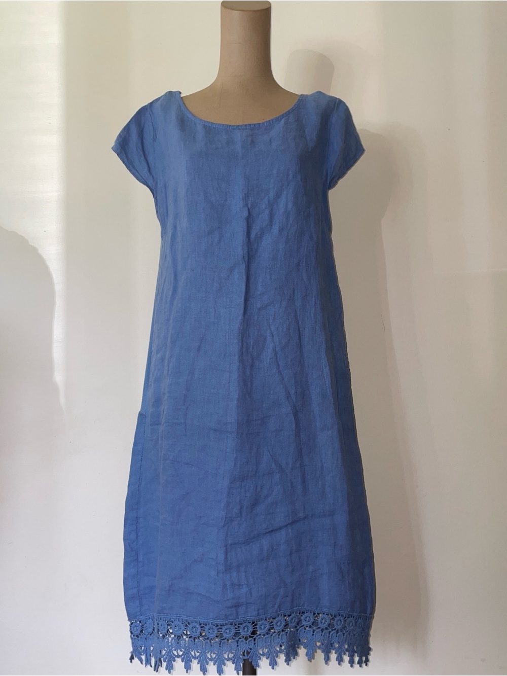 Goose Island Casual Blue Crochet-Hem Linen Shift Dress w/pockets